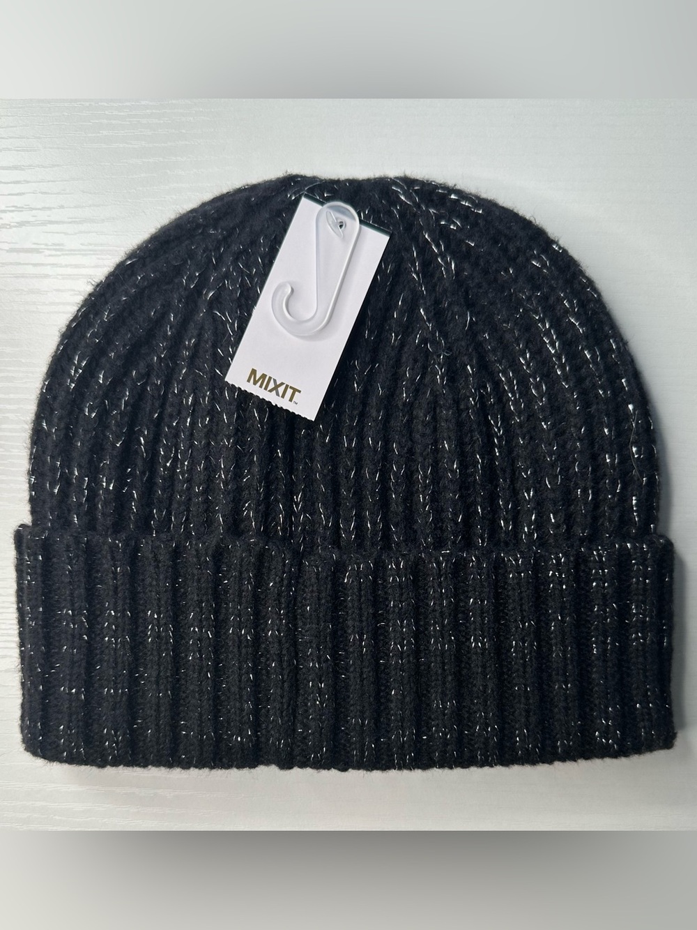Mixit Black Knit Beanie with Metallic Thread